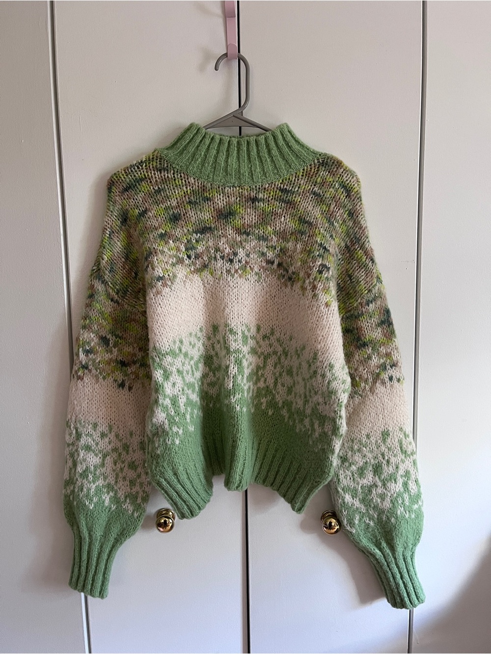 Aerie Oversized Fair Isle Mock Neck Sweater Green Cream Size S/P